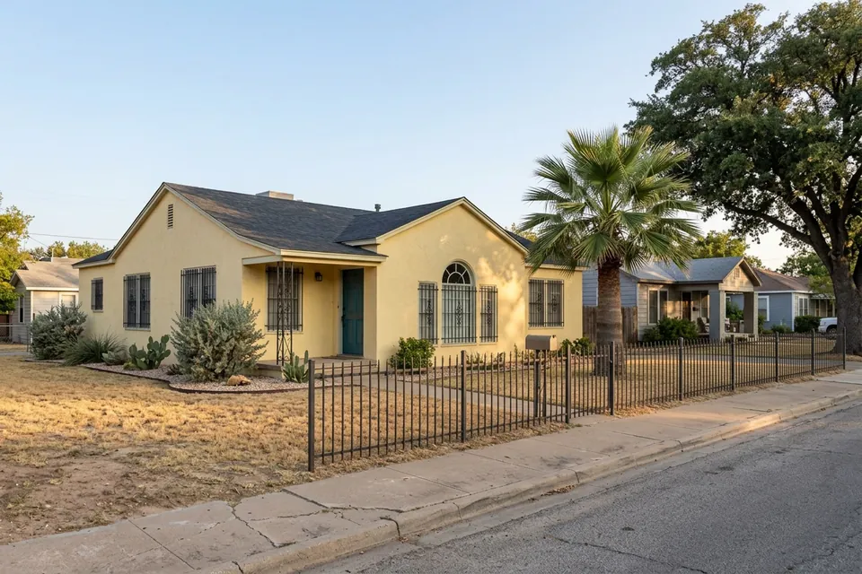 Illustration of a yellow stucco house with an iron fence