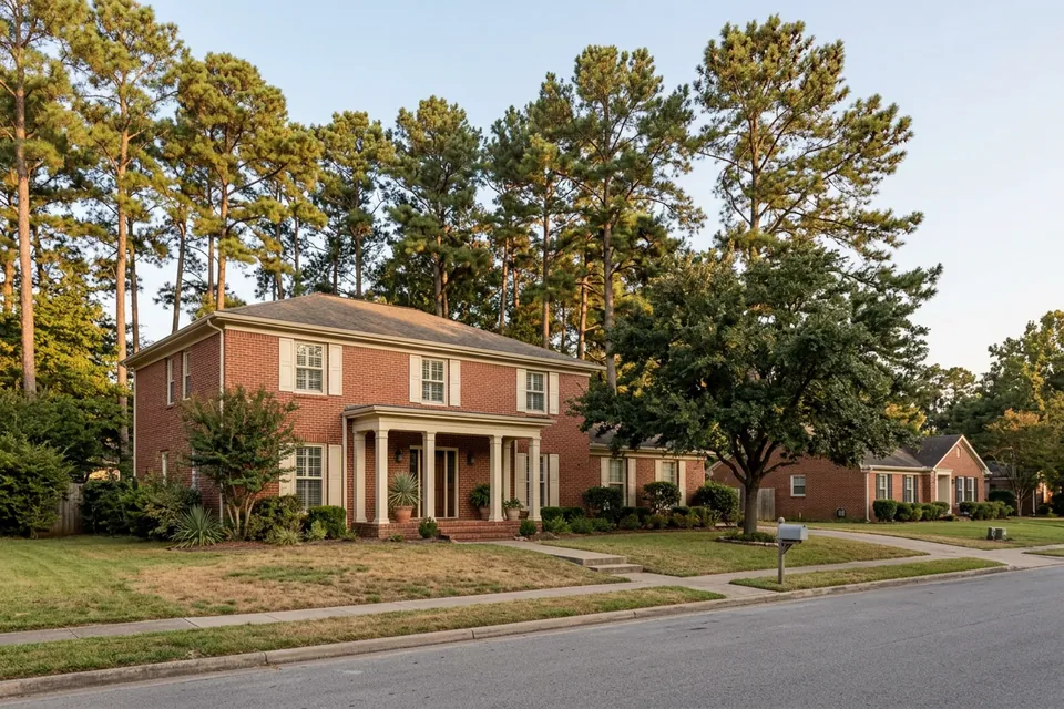 Illustration of a two-story red brick house with white columns