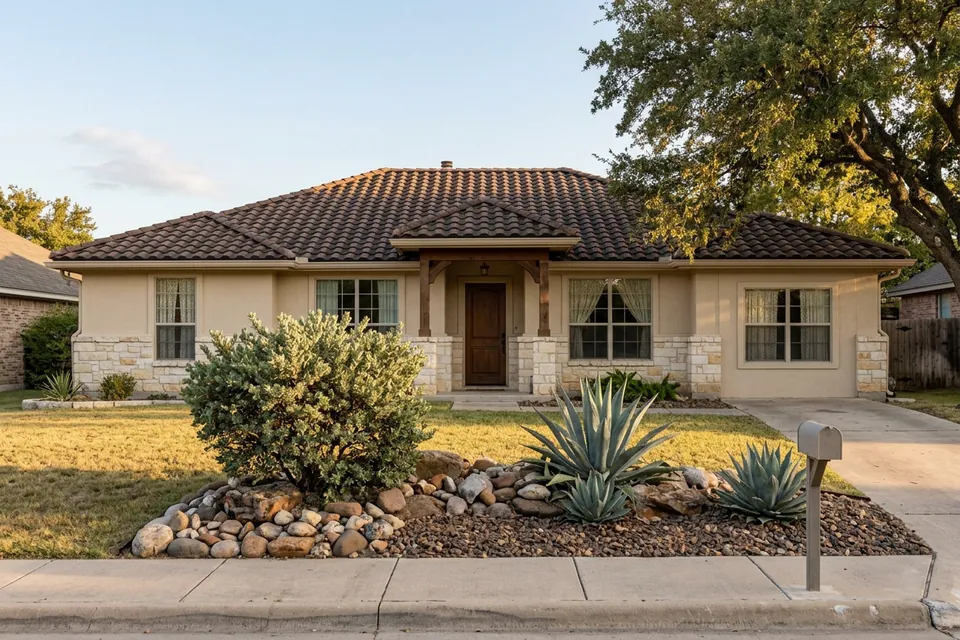 Illustration of a 1990s stucco and stone house