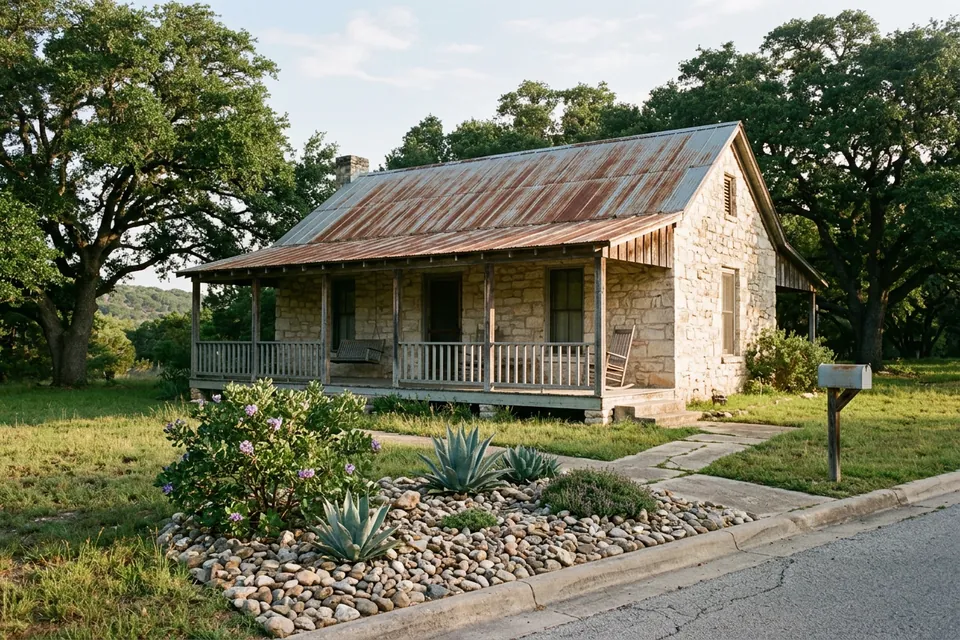 Illustration of a small limestone cottage with a tin roof