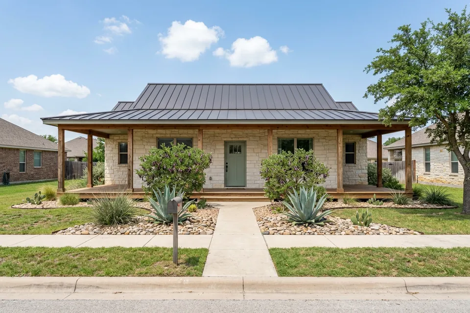 Illustration of a limestone ranch house with a metal roof