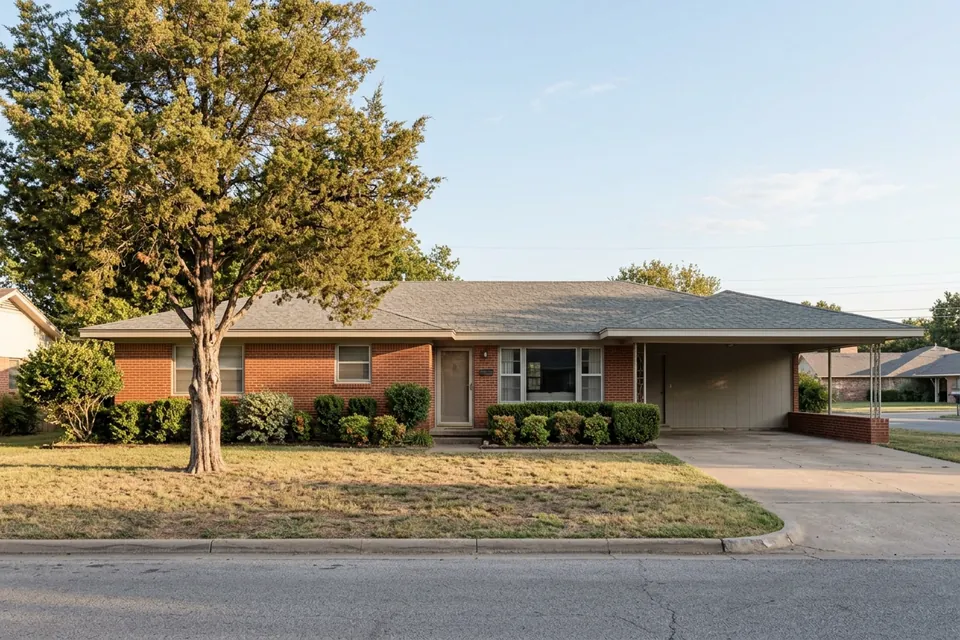 Illustration of a 1960s red brick ranch house with a carport