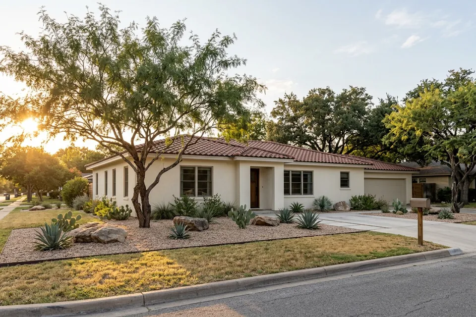 Illustration of a cream stucco ranch house with a tile roof