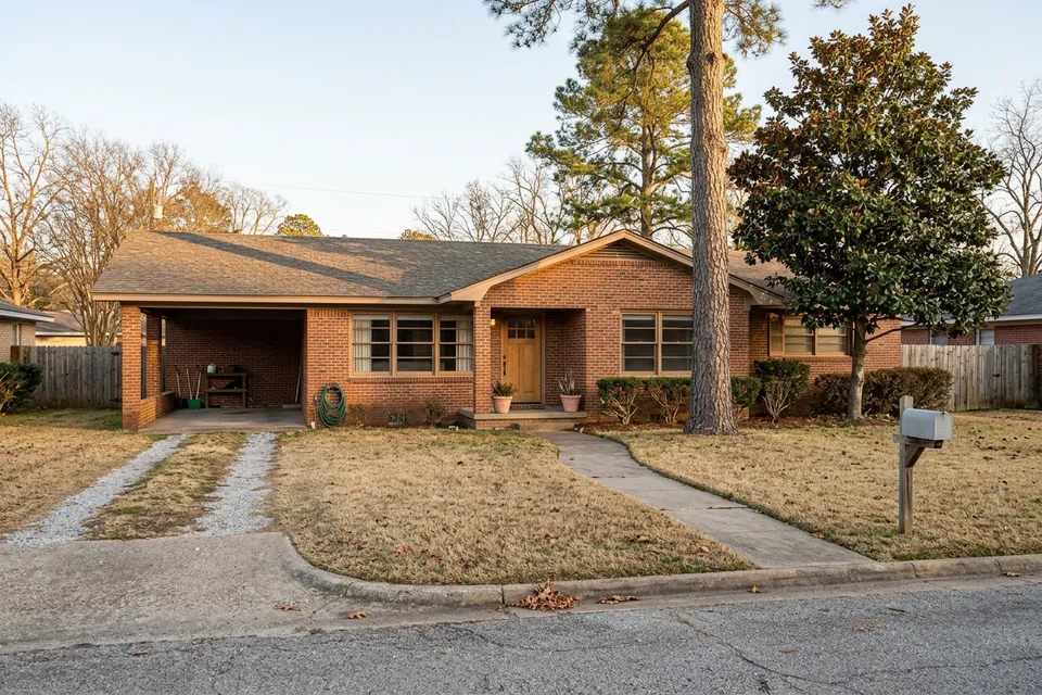 Illustration of a 1960s brick ranch house with a carport