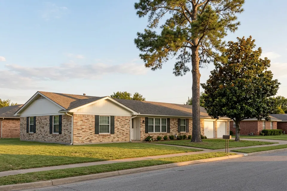 Illustration of a 1970s brick ranch house with shutters