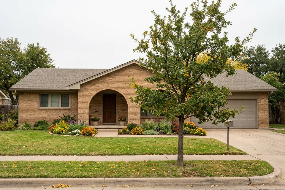 Illustration of a 1980s tan brick house with an arched entry