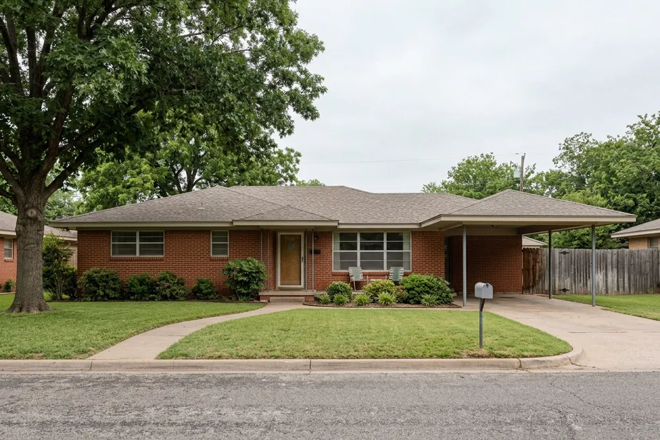 Illustration of a 1960s red brick ranch house with a carport