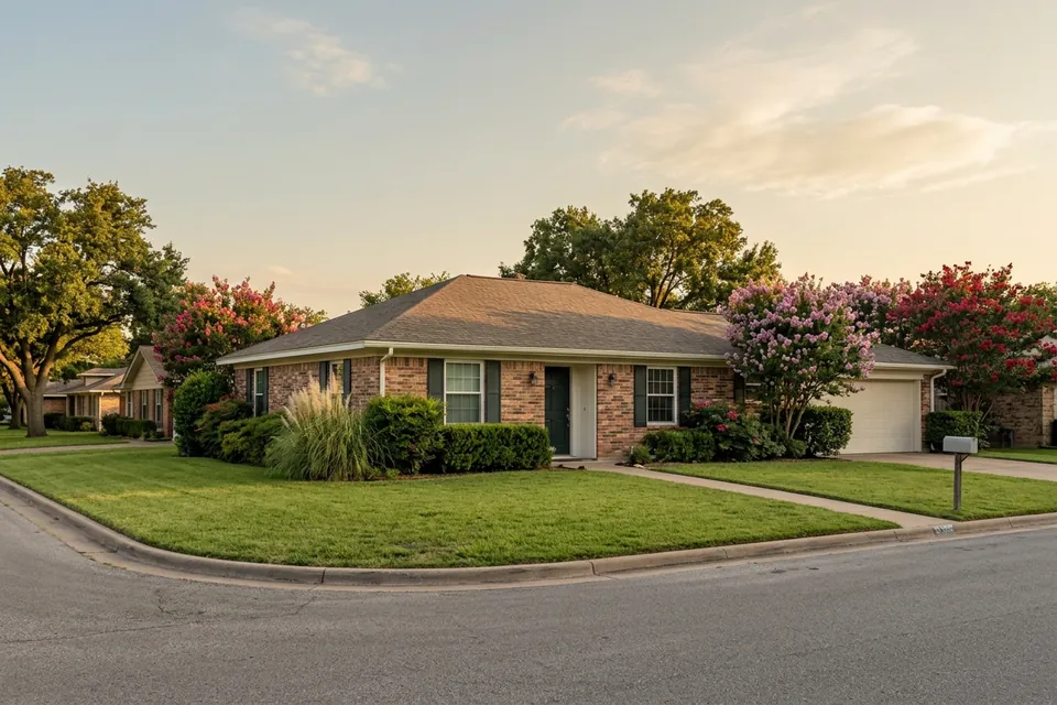 Illustration of a 1970s brick ranch house with shutters