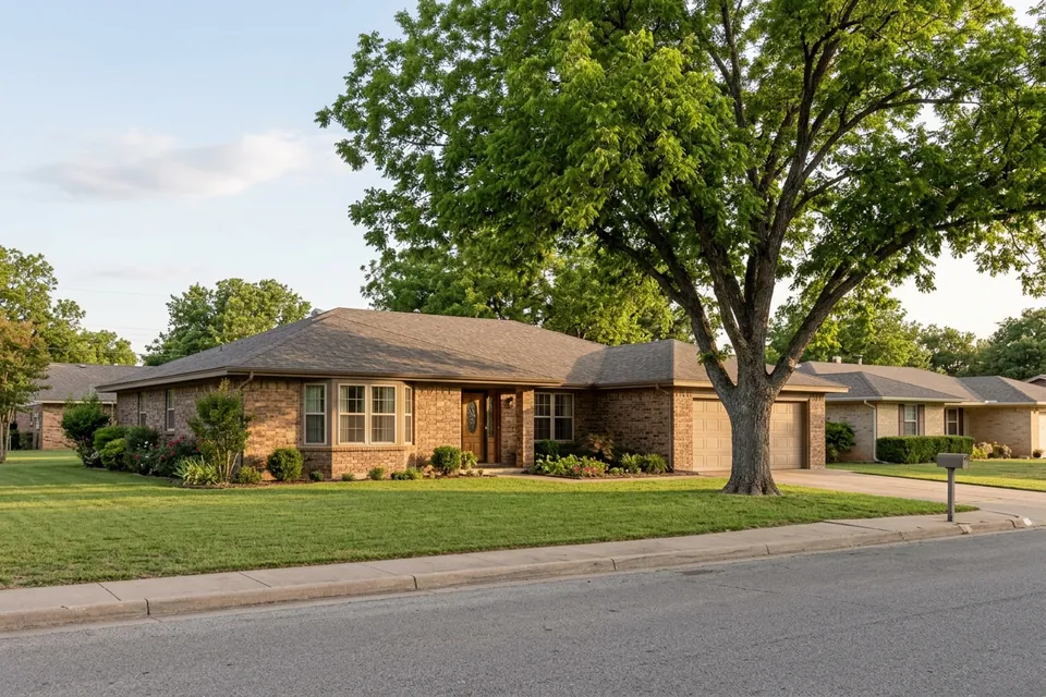 Illustration of a 1980s brown brick ranch house with a bay window
