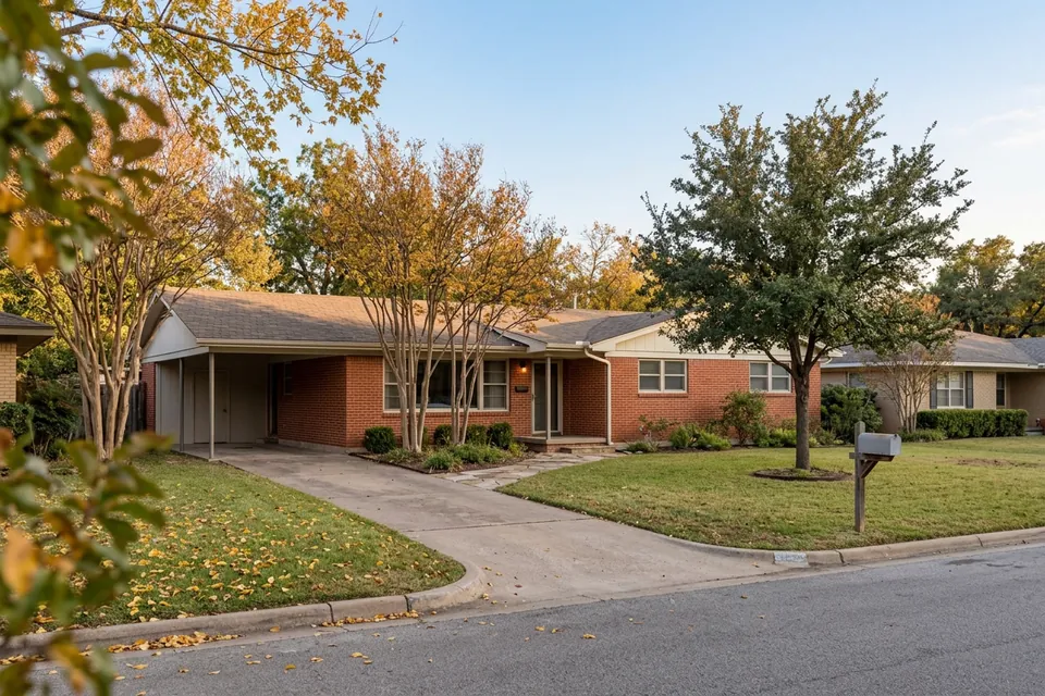 Illustration of a 1960s red brick ranch house with a carport