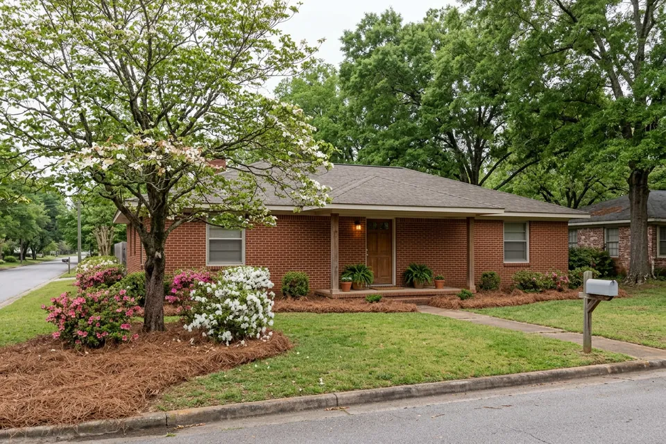 Illustration of a 1970s brick ranch house among pines