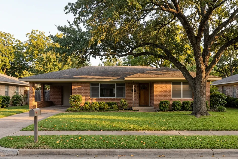 Illustration of a 1960s brick ranch house with a carport