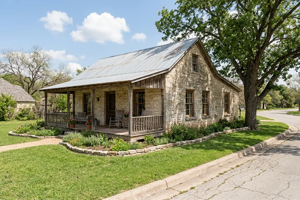 Illustration of a small limestone cottage with a tin roof