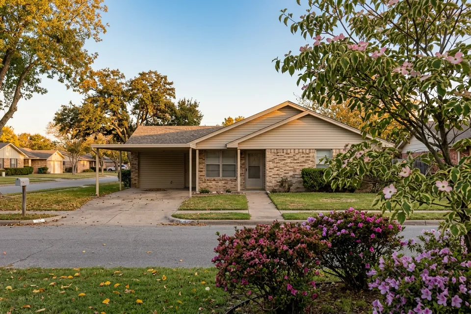 Illustration of a 1980s brick and siding house with a carport