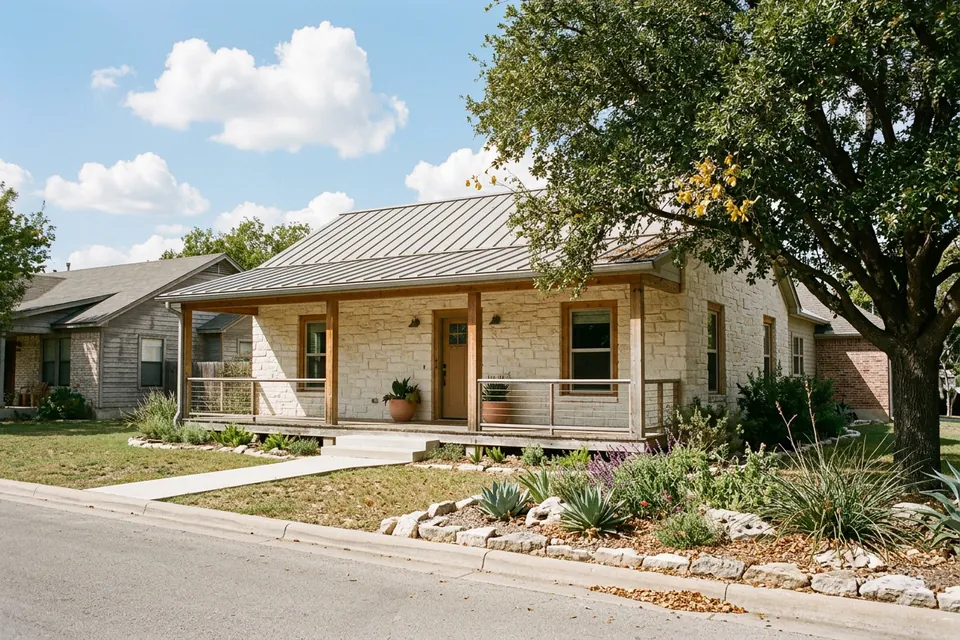 Illustration of a limestone ranch house with a metal roof