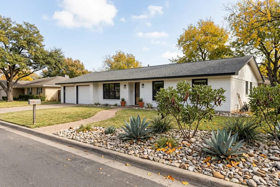 Illustration of a 1970s white-painted brick ranch house